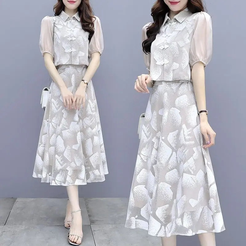 

Advanced Chiffon Set Of Skirt Women Summer 2023 Light Mature Style Elegant Two Piece Set Short Sleeve A-line Skirt Female Tops