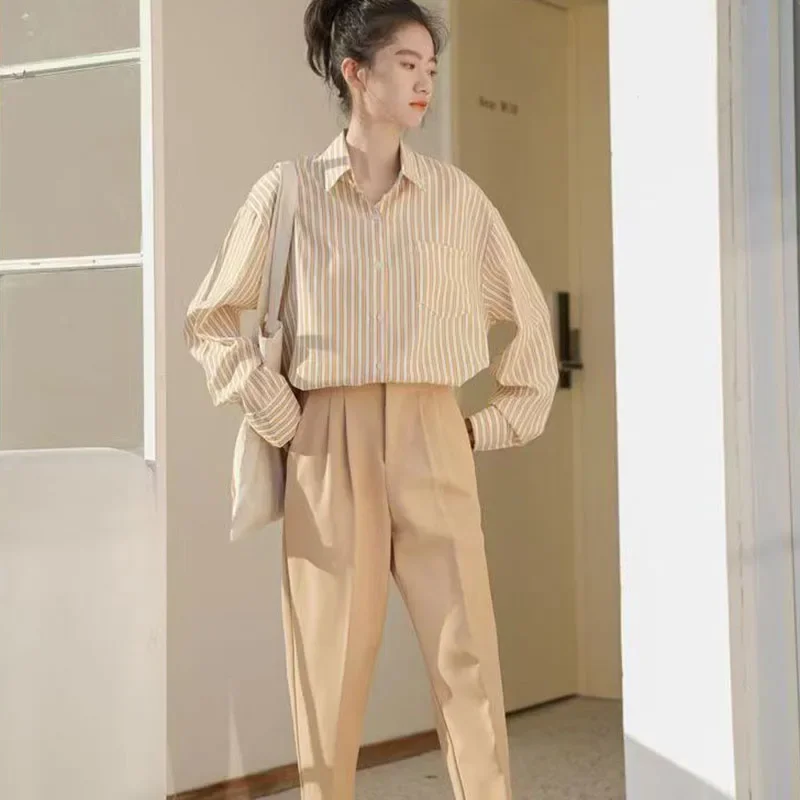 Xpqbb Korean Striped Women Shirt Spring Autumn Drop Sleeves Single Breasted Shirts Female Vintage Loose Streetwear Casual Blouse