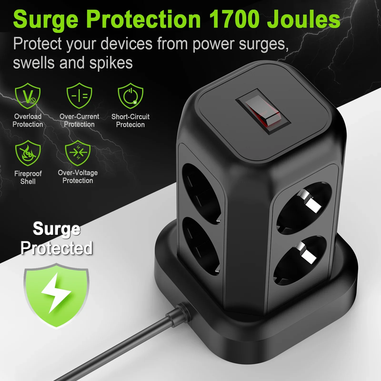Multi plug socket distributor with 8 sockets, 3 USB ports (including 1 USB-C), side entry wall charger