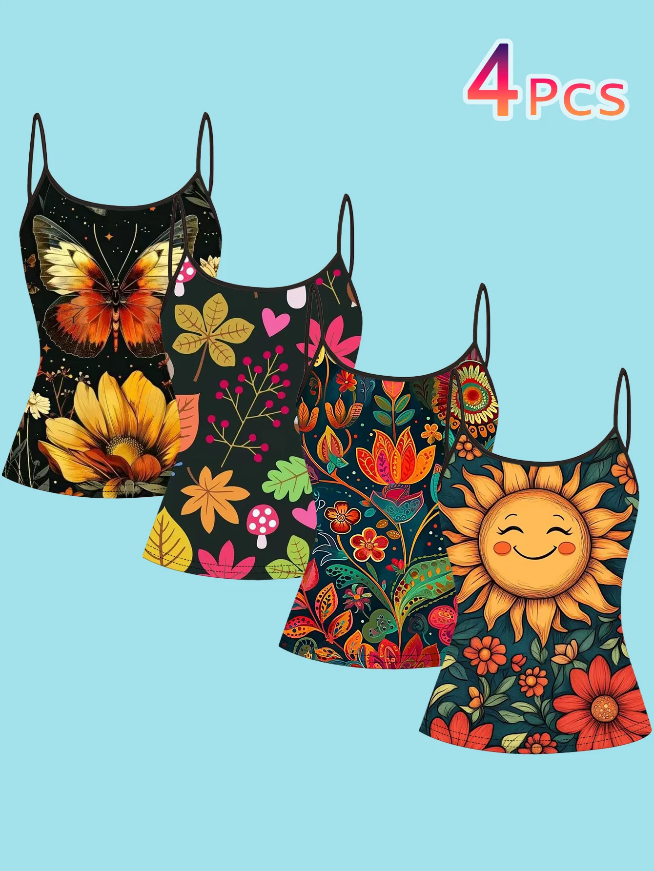4-Piece Set of Women's Spaghetti Strap Camisoles, Vintage Hippie Sun Butterfly Mushroom Floral Art Print Slim Fit Sleeveless Tops