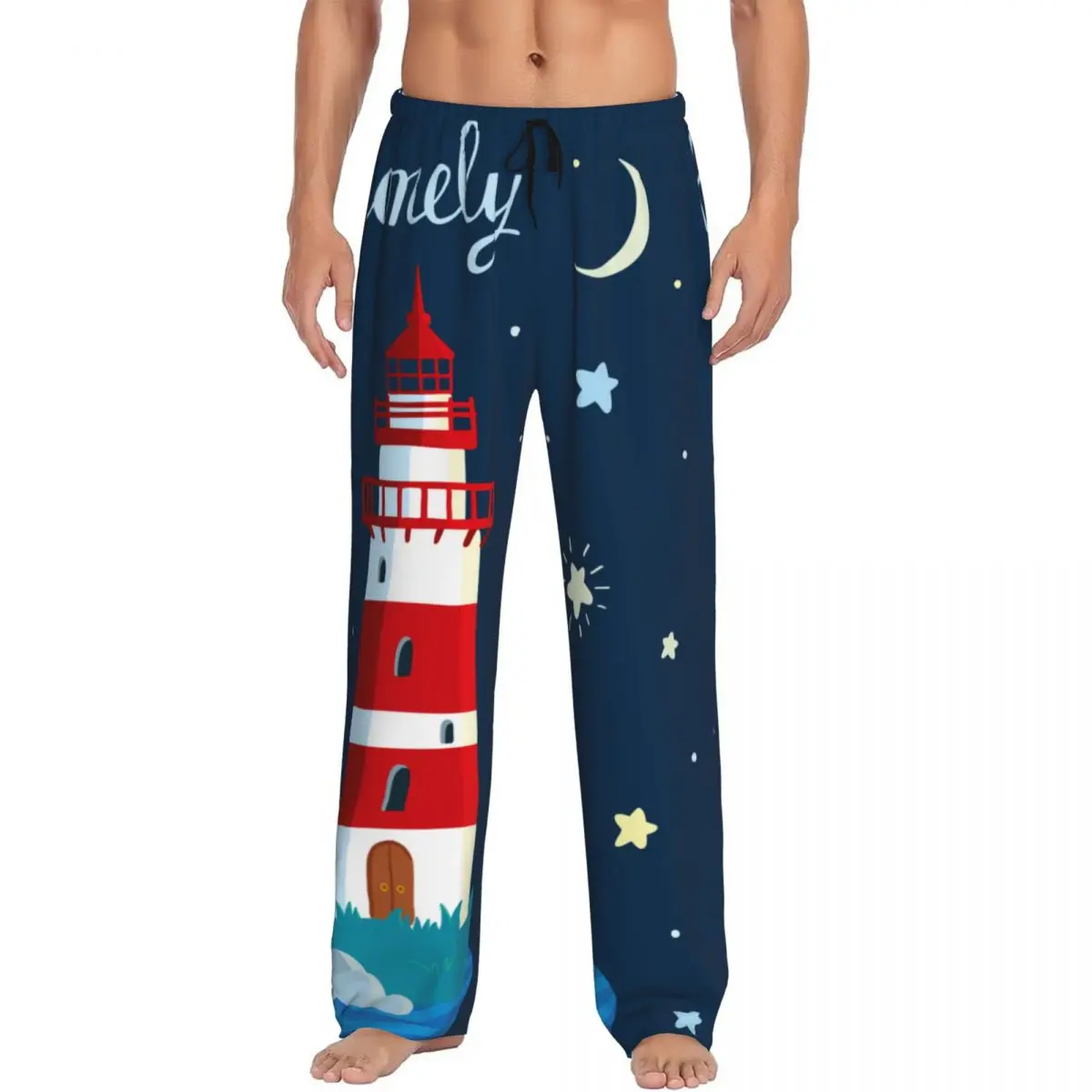 Custom Printed Men's Pajama Pants Cartoon Starlight Night Lighthouse Sleepwear Sleep Lounge Bottoms with Pockets