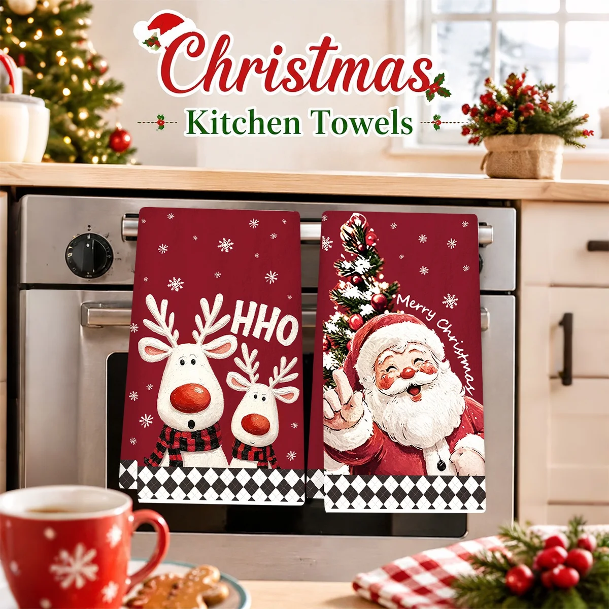 2 Stück Weihnachts-Küchentücher 40*48cm Buffalo Plaid Polyester Saugfähige Geschirrtücher Küche Badezimmer Deko Weihnachtsdekoration