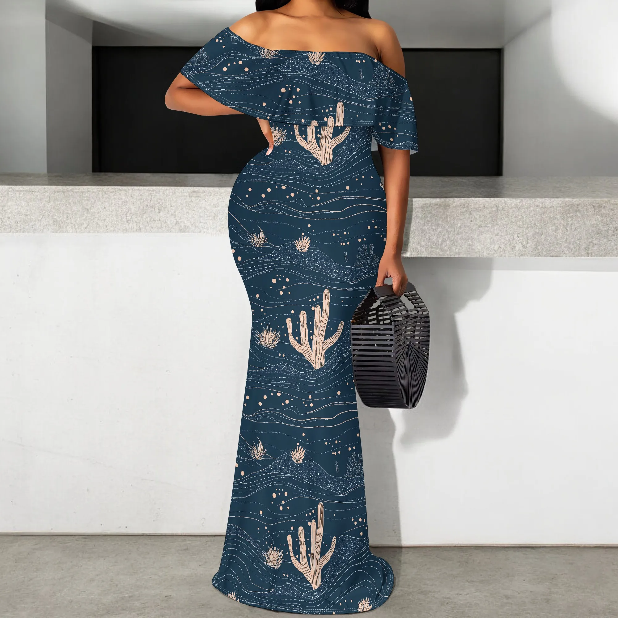 

Women's Off Shoulder Maxi Dress Desert Cactus Print Boho Style Elegant Vacation Outfit S-3XL