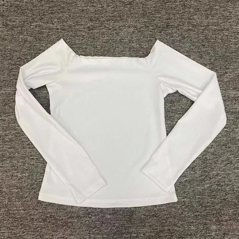 Sexy Women One-line Shoulder Long Sleeve T-shirt Women Slimming Base Collarbone Off-the-shoulder Top Elastic Skinny Crop Tops