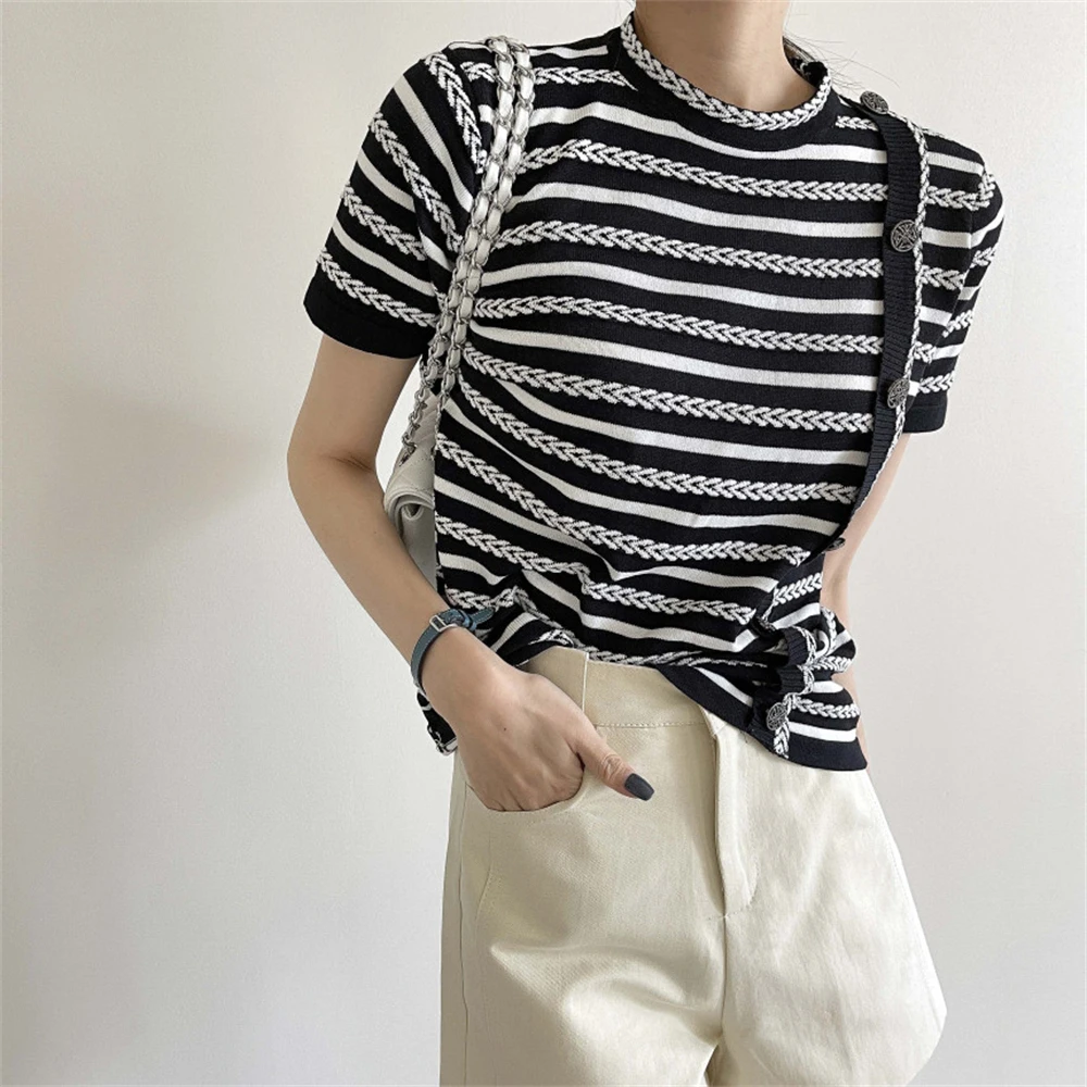 PLAMTEE Summer Retro T-Shirts Sweaters Women Knitwear Office Wear Stripes Hot Stylish 2022 Chic Work Wear Short Sleeves Jumpers