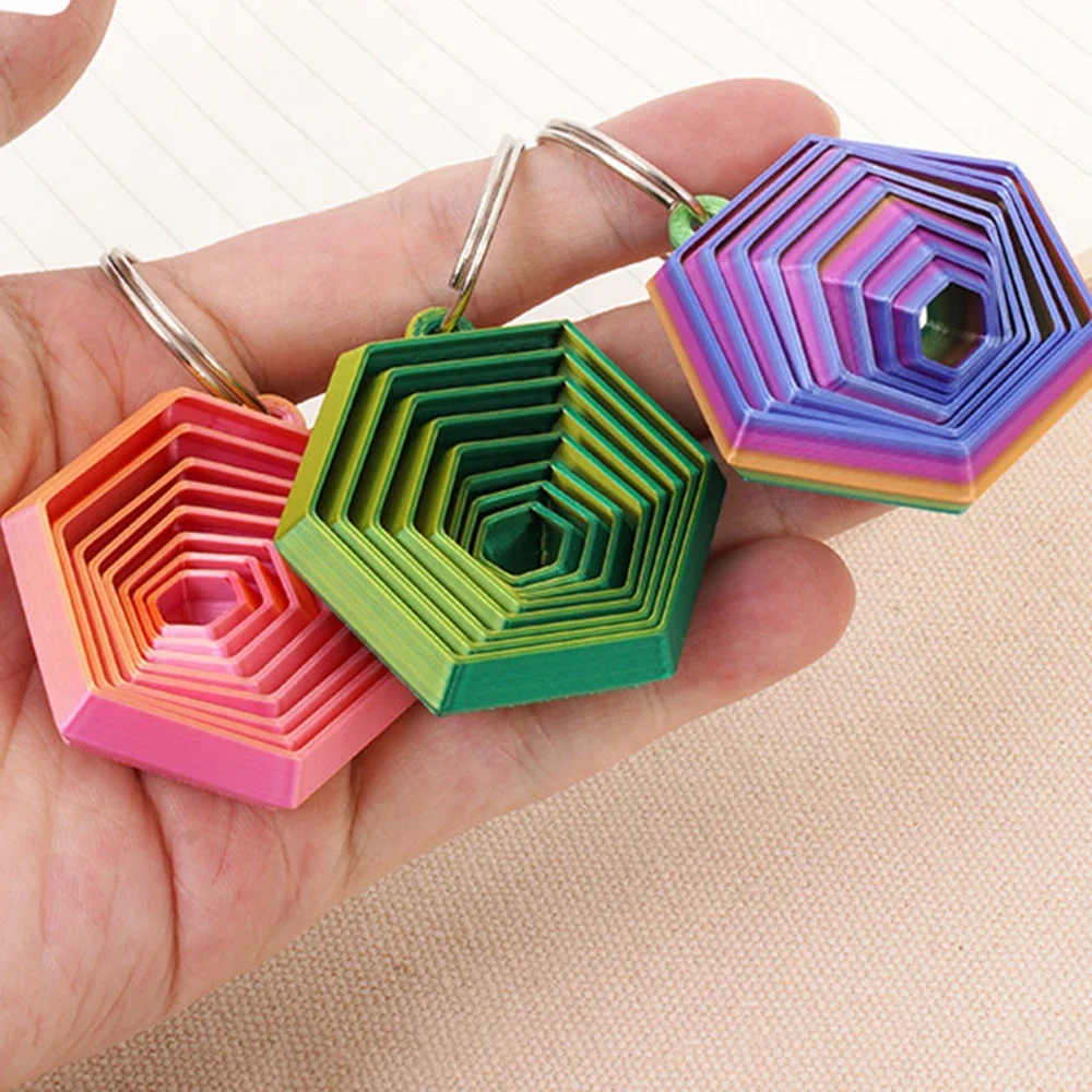 3D Printed Hexagonal Keychain Push, Pull and Rotate Small Invention Stress Reducing Toys Couple Keychain Gift for Friends