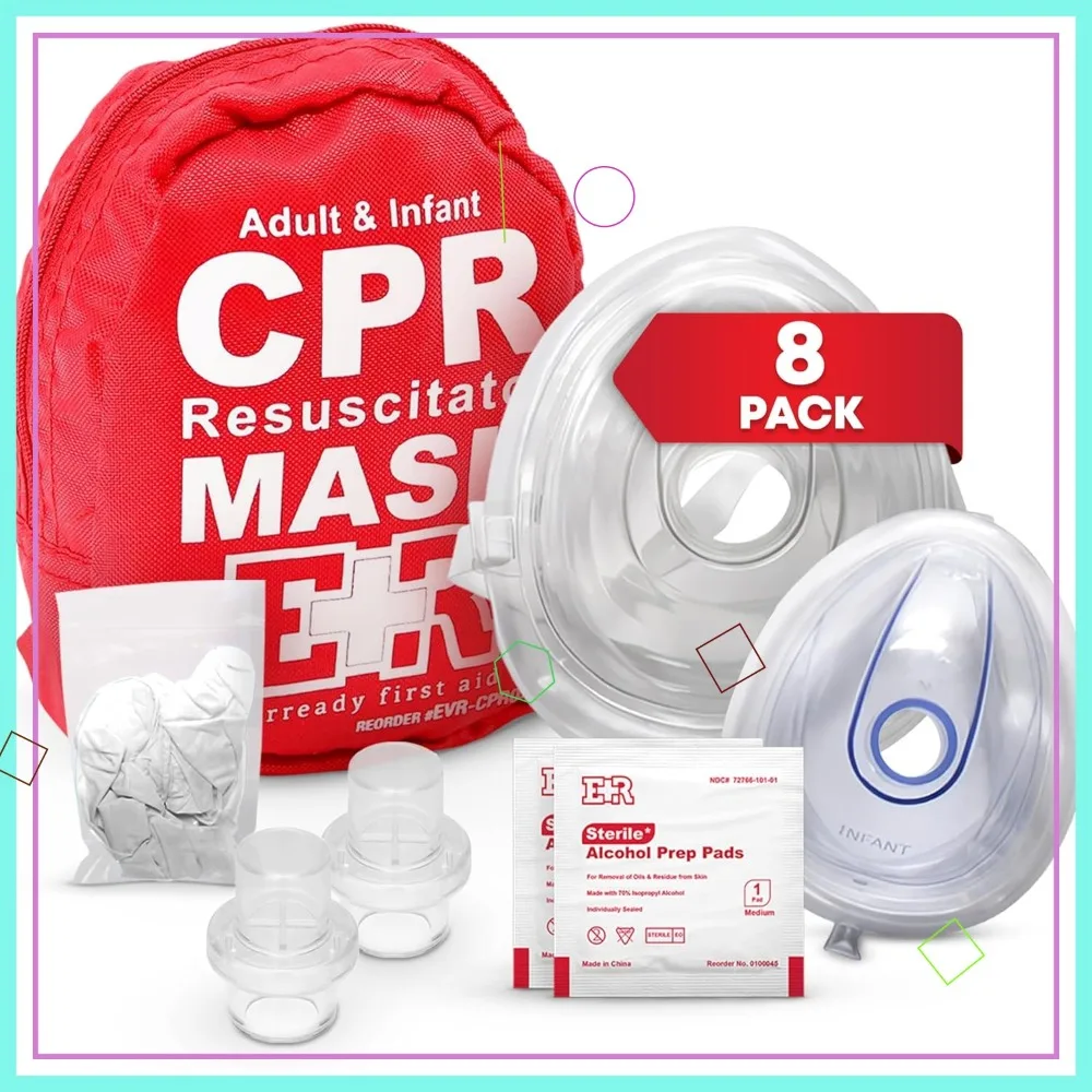 

CPR Mask Combo Kit 8-Pack for Adult and Infant - Emergency Resuscitation with 16 Valves, 8 Gloves, 16 Alcohol Pads