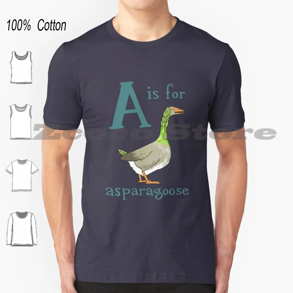 

Футболка A Is For Asparagoose, 100% хлопок, для мужчин и женщин, индивидуальный узор Abc, животное, растение, спаржа, гусь, надпись