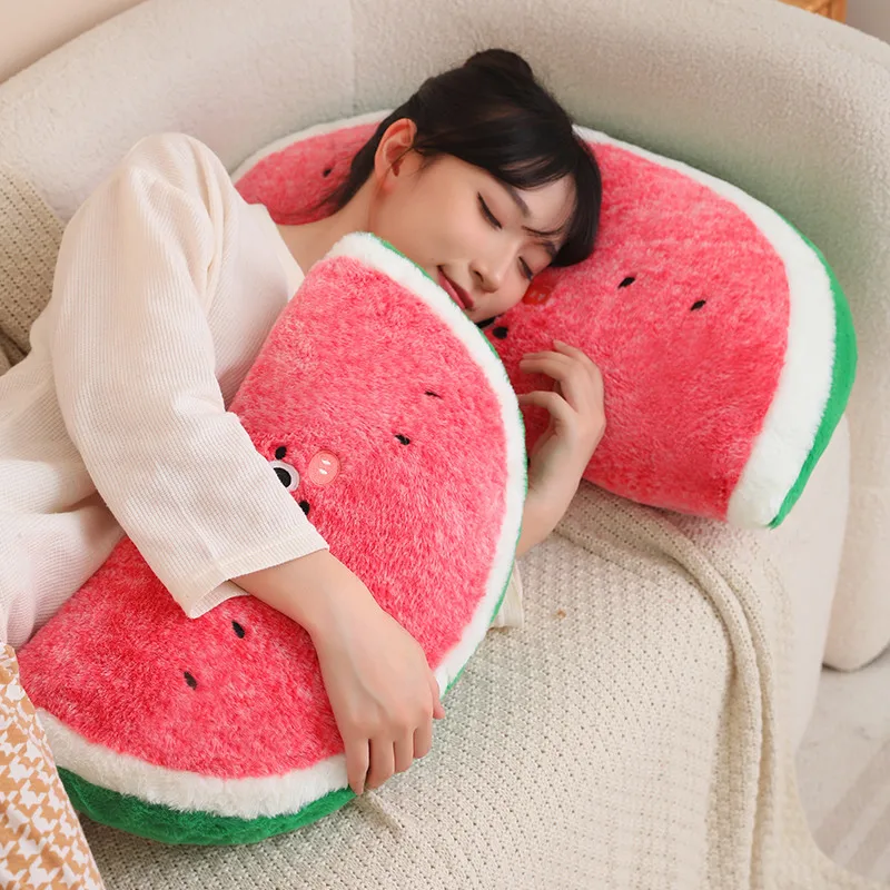 Almohada de felpa semicircular de 45cm con rebanada de sandía, cojín de fruta roja rellena, cara divertida, Plushie, soporte para la espalda, sofá, silla, regalo de decoración