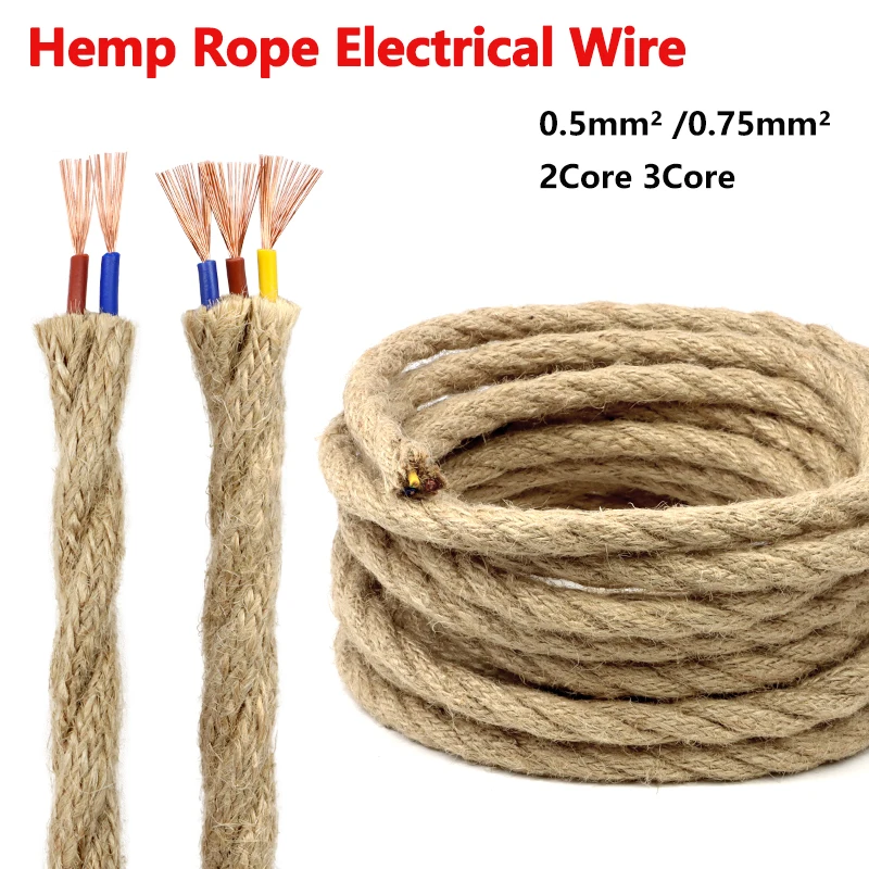 2/5/10m Retro Hemp Rope Braided Wire Square 0.5mm 0.75mm 2/3 Cores Flexible Twisted Copper Cable DIY Vintage Pendant Light Cords