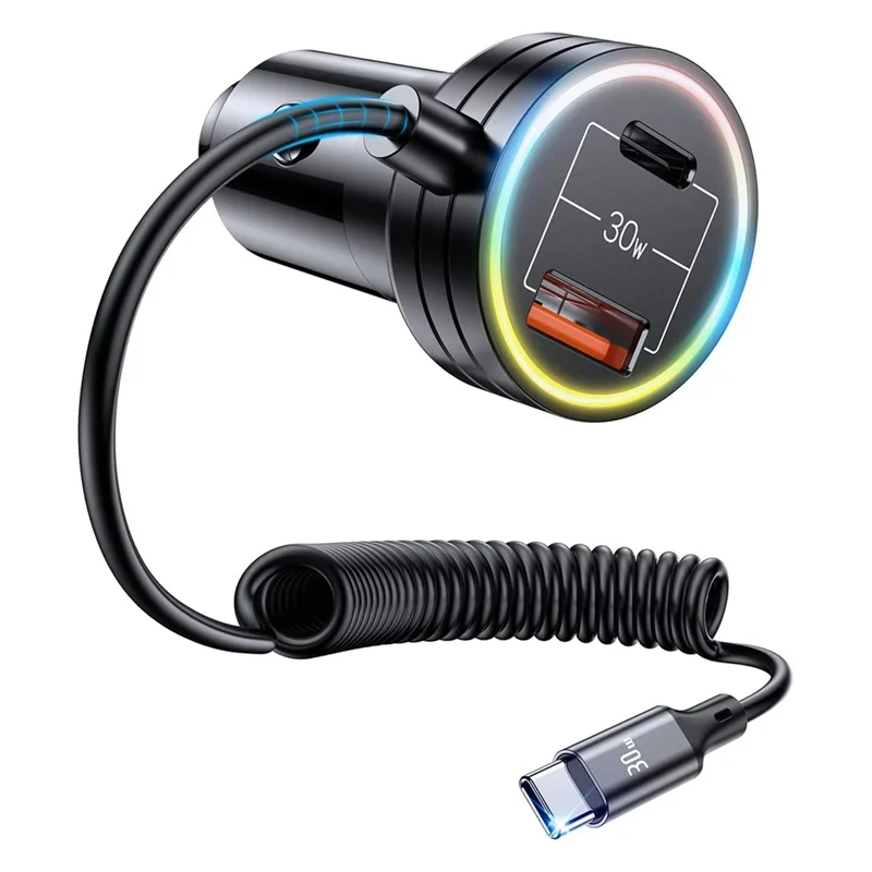 30W Car Charger Mini USB with 1.2M Quick Type C Cable, 3 Ports Car Charger with 30W PD3.0 QC 3.0