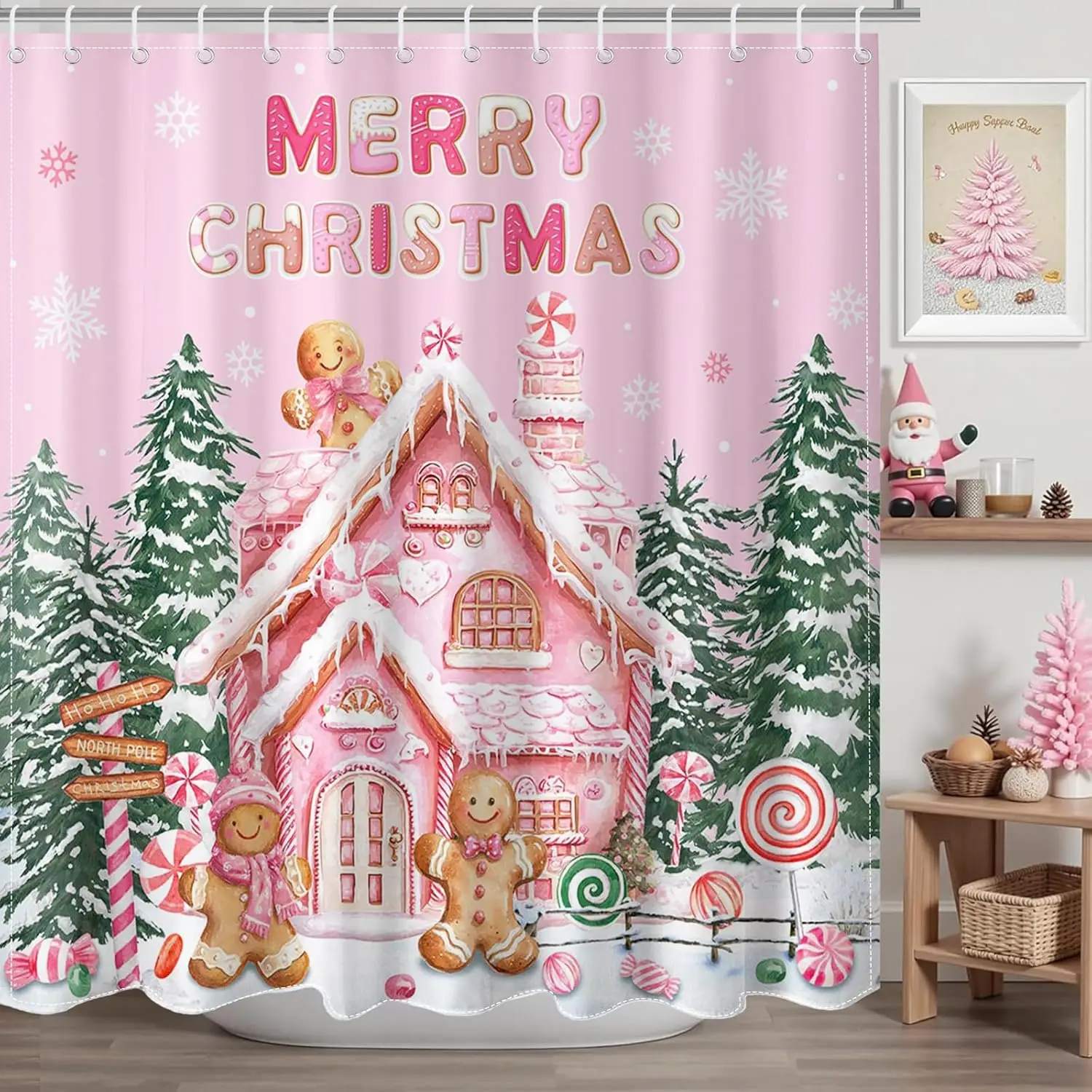 Pink Christmas Gingerbread Shower Curtain Cute Gingerbread House Shower Curtain for Pink Christmas Bathroom Decor Waterproof