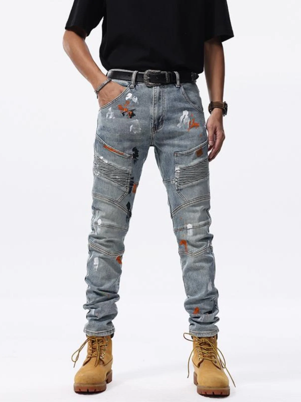 

Мужские джинсы в стиле ретро с эффектом брызг краски, облегающие мотоциклетные брюки, модные брендовые повседневные длинные брюки с эффектом помятости и пэчворком