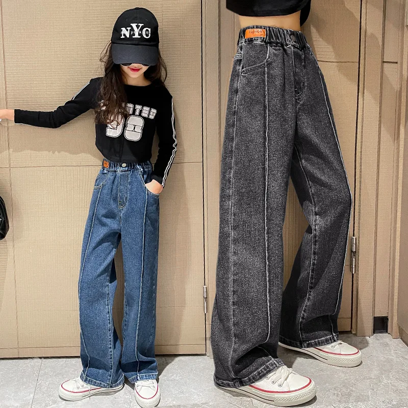 Wide Leg Jeans for Girls 6 8 9 10 11 12 14 Years Spring Autumn Loose Vintage Straight Retro Pants Fashion Teenage Kids Trousers