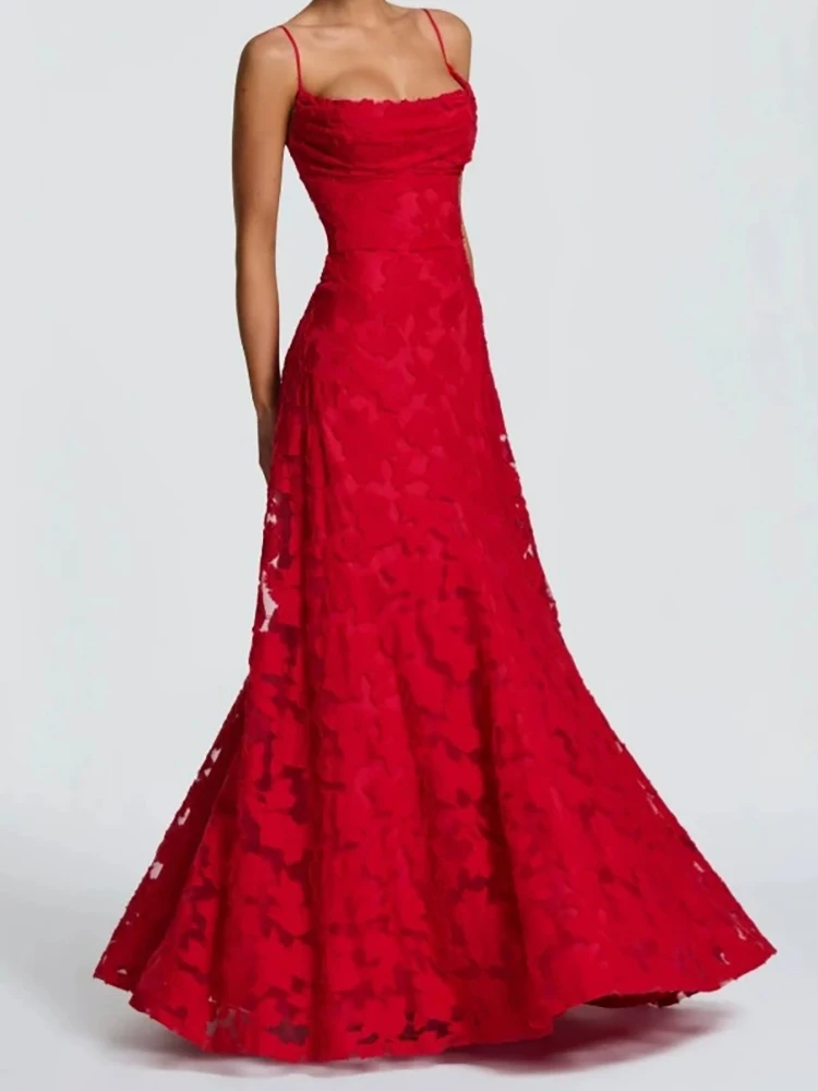 

Sexy Off Shoulder Backless Holiday Dress Women's Fashion Hight Waist Solid Long Dress Elegant Lace Jacquard Evening Sling Dress