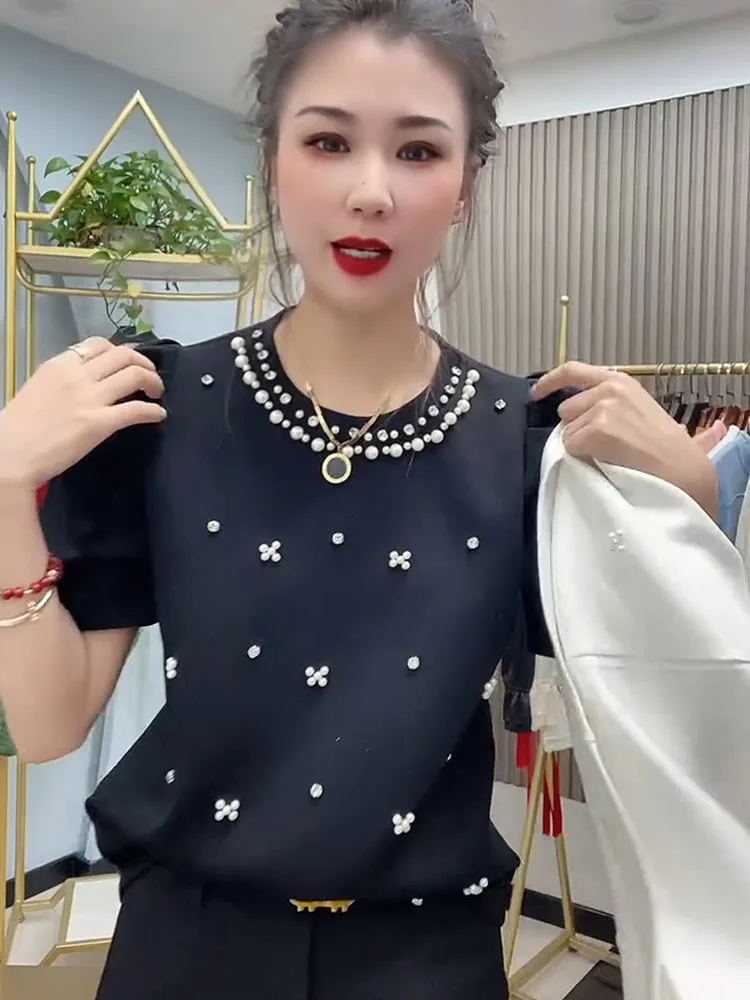 Peals Diamonds Beading Cotton T-shirt Women 2024 Summer Korean Fashion O-Neck Solid Color Puff Short Sleeve Slim Tees Tops White