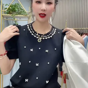 Cotton T -Shirt mit People's Pearling, Tops mit O -Colle, Kurzarm, Weiß, Monochrom, fein, koreanische Mode, Sommer, 2024 12 Hauptverkäufe von Branco Branco - №5