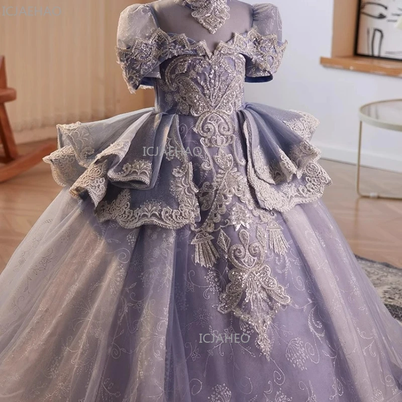 Girls Purple Princess Dress Flower Girl Wedding Occasion Formal Outfit Birthday Party Gown Childrens Pageant Performance Clothes