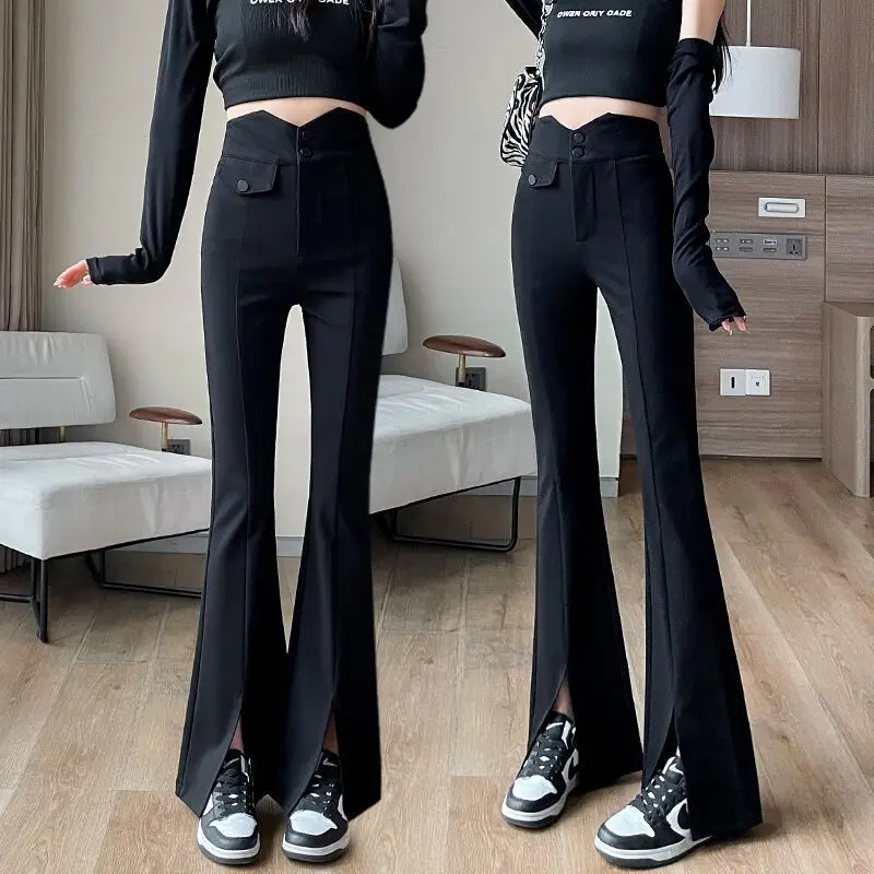 

2024 Fashion Y2k Micro-Flared Suits Pants Women's High Waist Elastic Slim Casual Chic Wide Leg Split Sexy Trousers Elegant A31