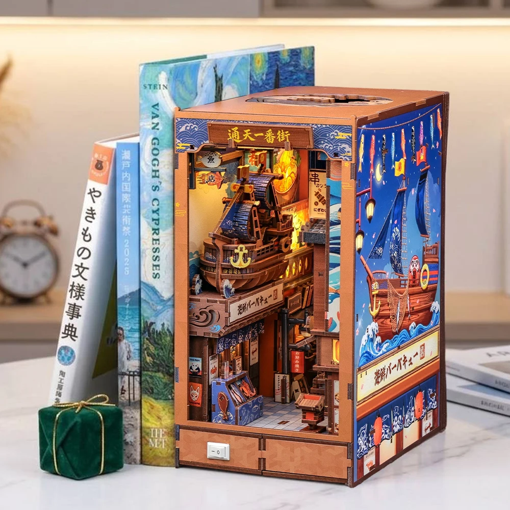 CUTEBEE DIY Book Nook 3D Wooden Puzzle Miniature House with LED Light Bookshelf Decor Model Craft Kit for Adults Gift Idea