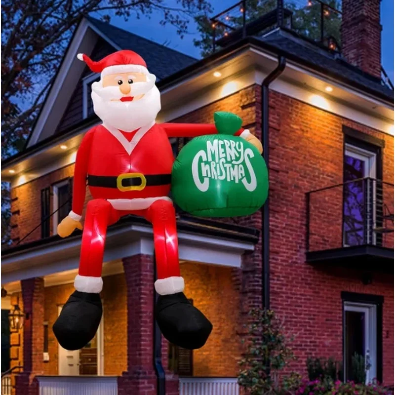 Christmas Inflatable Climbing Sitting Santa with LED Lights Gift Bag Party Supplies for Holiday Decoration