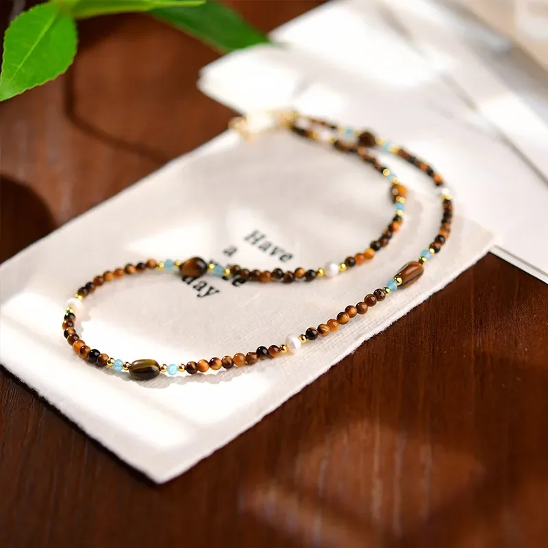 Tiger's eye stone pearl necklace ins fashion light luxury style summer stacking women's item Maillard ins style fashion