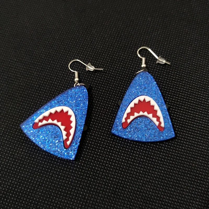 Blue Glitter Acrylic Shark Head Womens Drop Earrings Summer Beach Jewelry Novelty Accessories