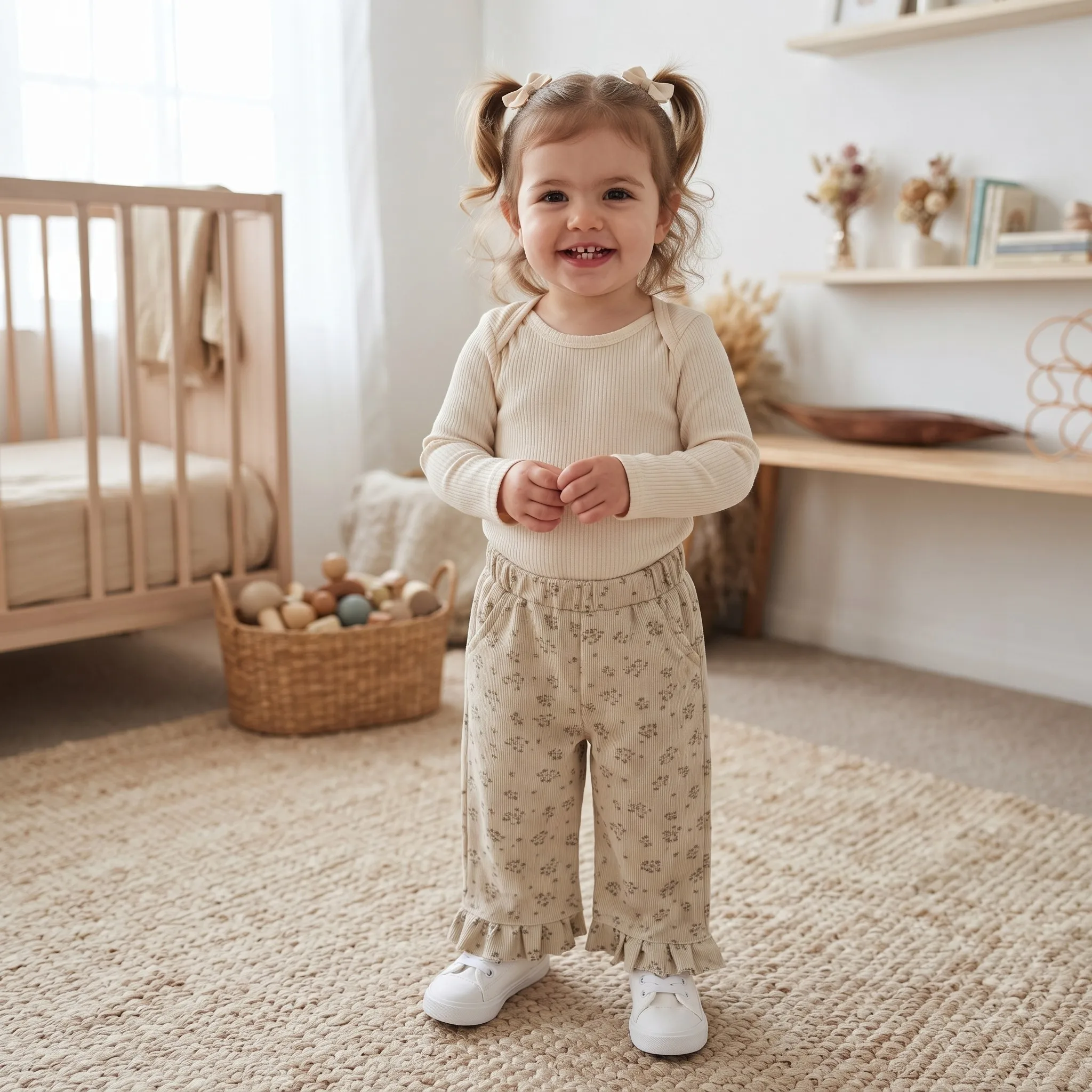 Spring Autumn Vintage Baby Girls Floral Pants, Light Base Small Floral Ribbed Elastic Waist Ruffle Wide‑Leg Trousers