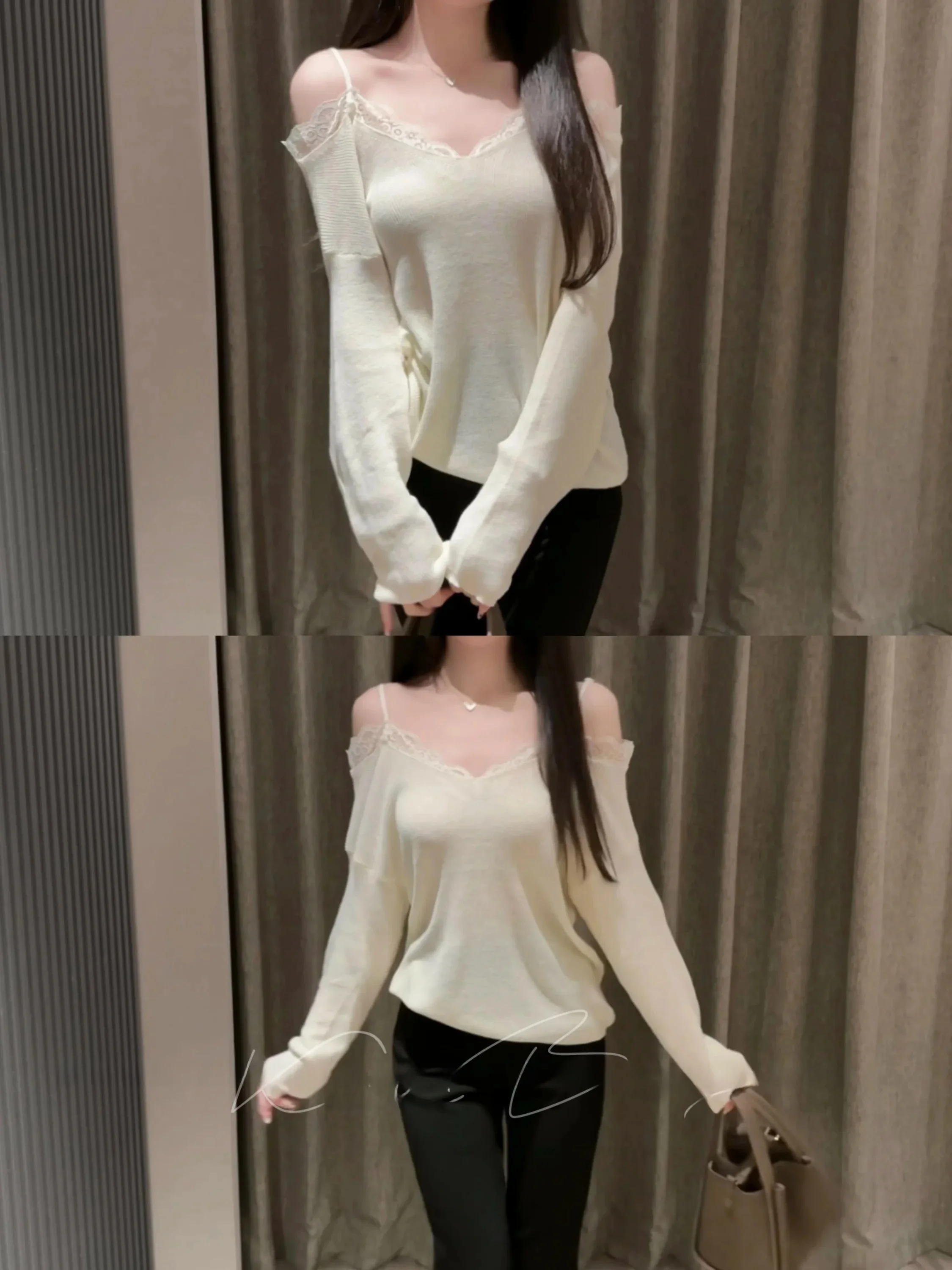 Lace Off-Shoulder V-Neck Knitwear Slimming Design Casual Style Long Sleeve T-Shirt for Women New Autumn Collection