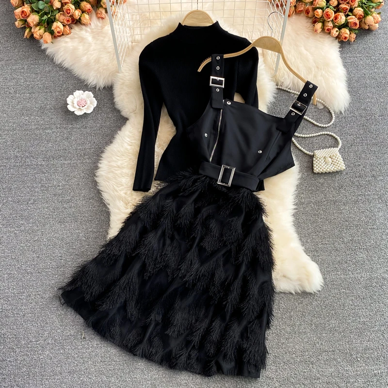 

Autumn Black Standing Neck Tight Knit Bottom Two Piece Set High Waist Panel Fur Tassel Strap Dress