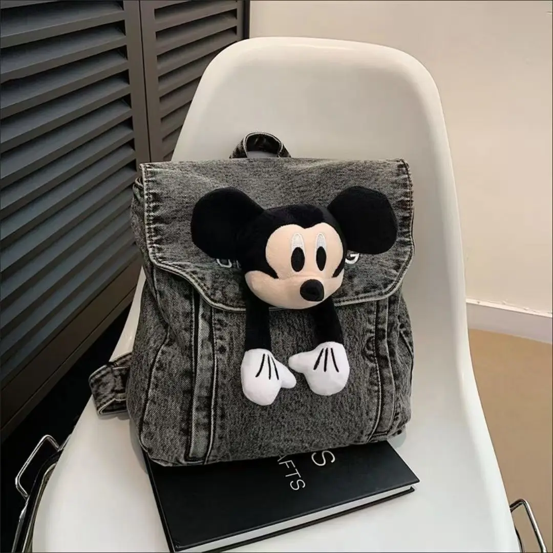 かわいい漫画ディズニーシリーズミッキー女の子新しいアウトドアファッションポータブル大容量収納洗浄デニム人形バックパックギフト
