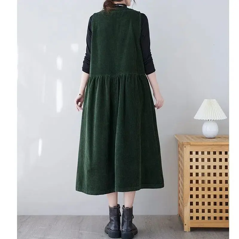 فستان كلاسيكي من سروال قصير أخضر Preppy للنساء فستان ميدي فضفاض بفتحة أمامية بطول الركبة فستان خريف عصري ياباني غير رسمي #4