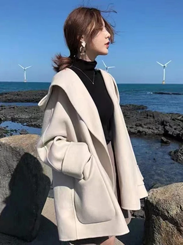 

Удлиненное шерстяное пальто оверсайз для осени и зимы, универсальное короткое пальто для невысоких женщин, студенток, в корейском стиле, с длинными рукавами