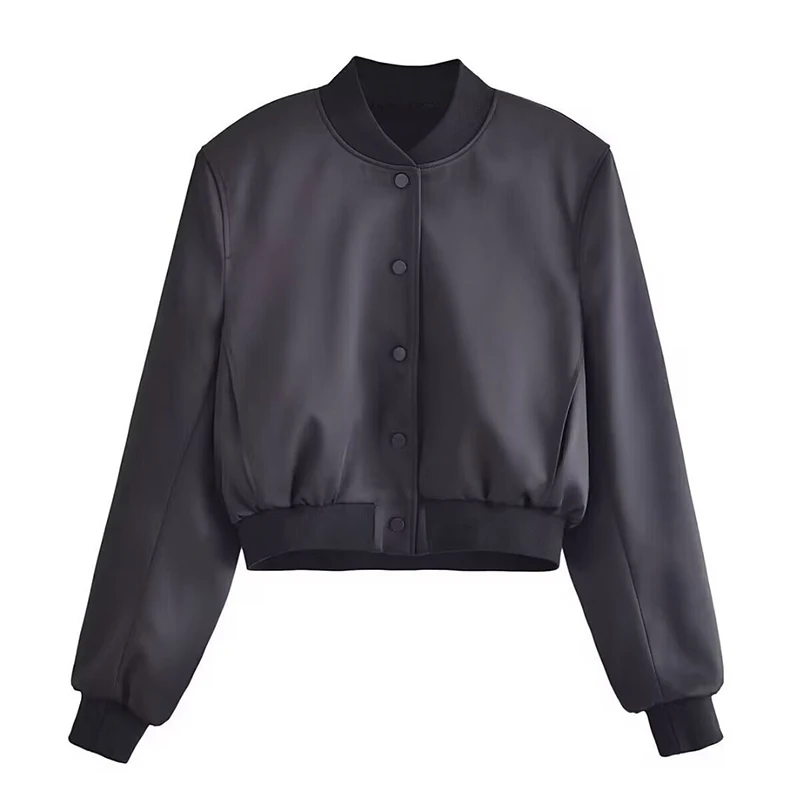 

Silk Satin Texture Coat Autumn Women Short Jacket Button Outerwear Female Lady Streetwear Tops Black