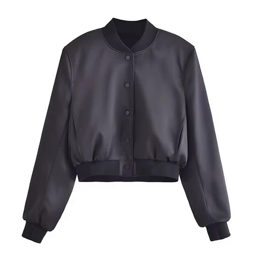 Abrigo con textura de satén de seda para mujer, Chaqueta corta con botones, prendas de vestir exteriores, ropa de calle para mujer, Tops negros