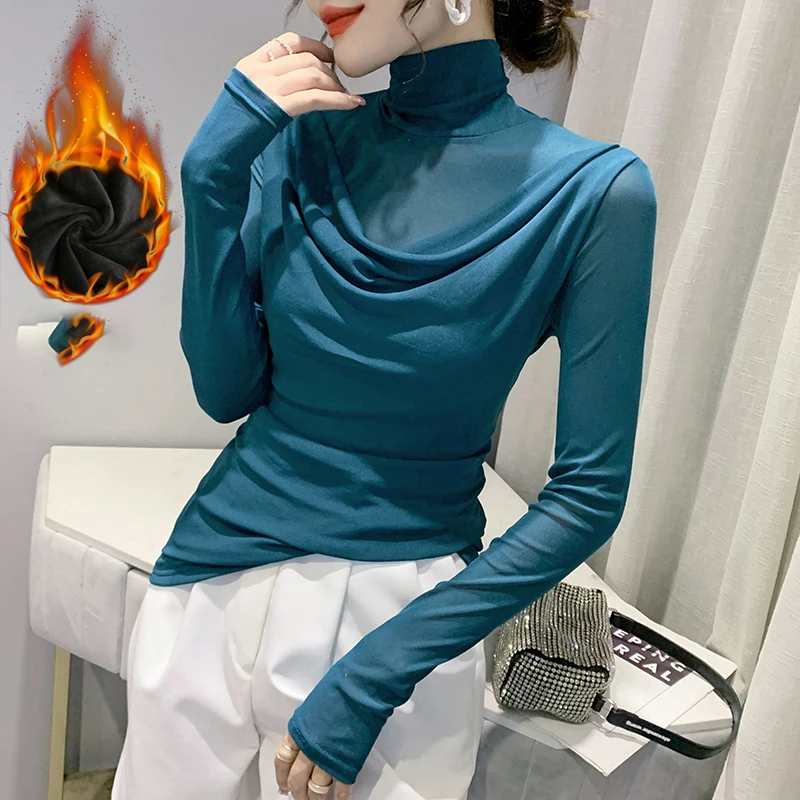 MadBlack-Women's European Fleece T-Shirt, Sexy Turtleneck Solid Mesh, Fashion Long Sleeve Slim S-3XL Tee, 2025 Autumn T5N215CC