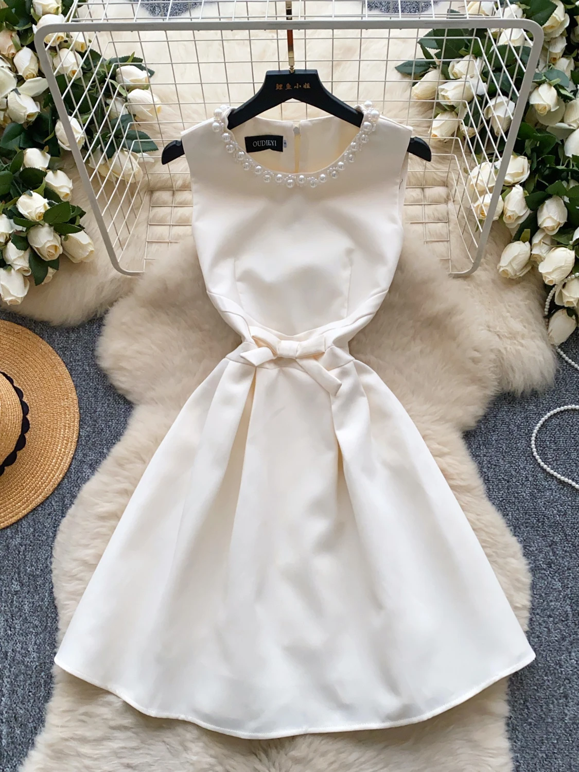 Ele High-End Perline rotonde Ne Svel Donna Dr Summer Dimagrante A-Line Abito con gonna intera Coreano Sle a vita alta