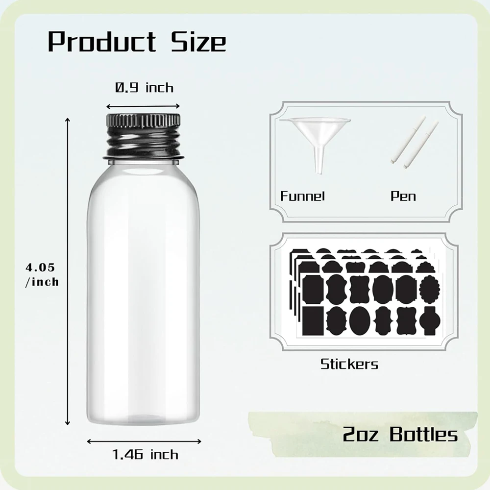 2 oz Shot Bottles with Cap, Plastic Bottles for Liquids, Mini Juice Bottles for Liquor, Whiskey, Reusable Travel Bottles