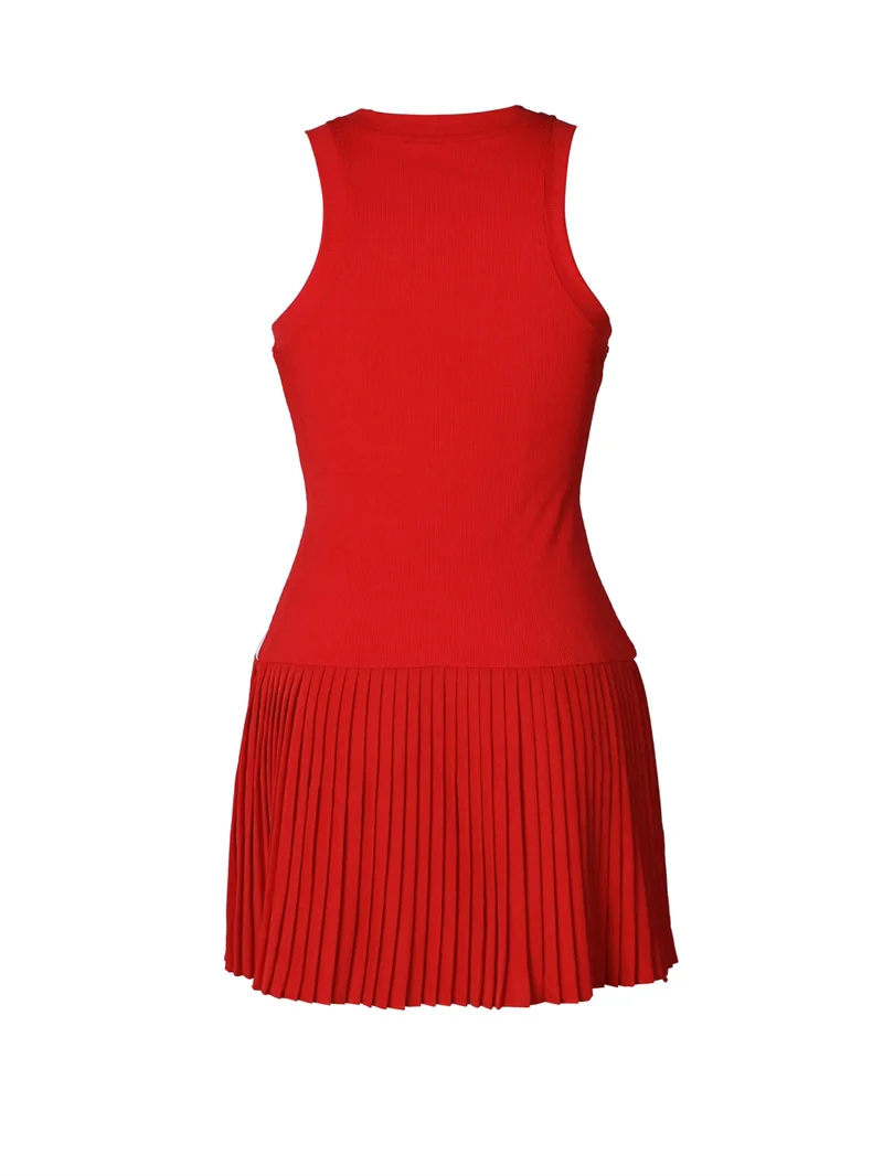 New Women Summer Sleeveless O Neck Stripe Casual Mini Tank Dress 2025 Bodycon Pleated Hem Black White Red Dress Ladies Clothing