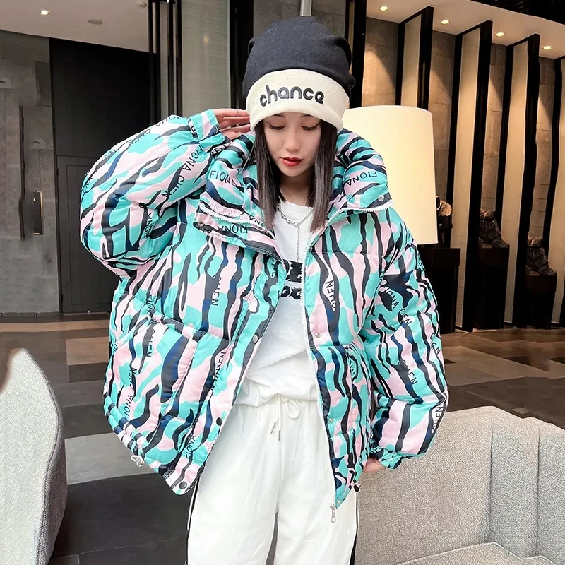 

Korean Winter Womens Jacket 2025 New Down Cotton Coat Short Loose Padded Jackets Printing Hooded All-match Fashion Outerwear