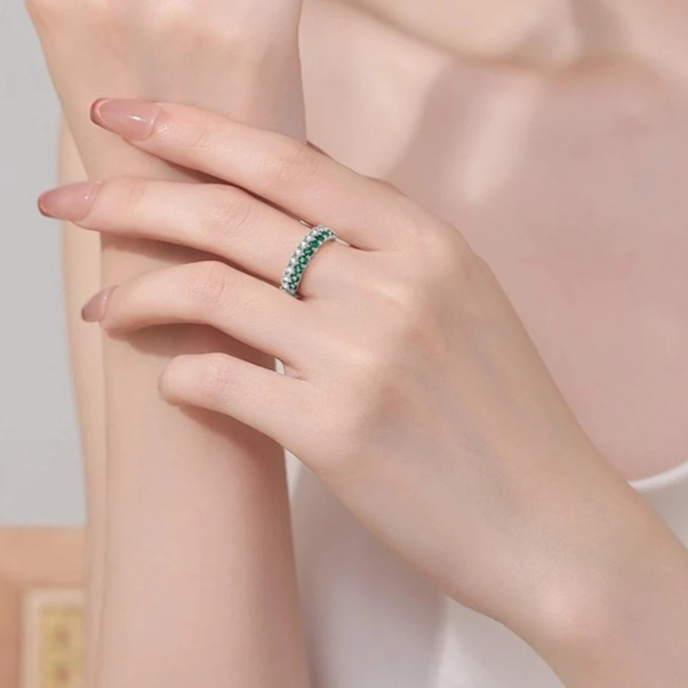 925 sterling silver ring with double row of diamonds and mixed color inlay for a lady's trendy finger ring.