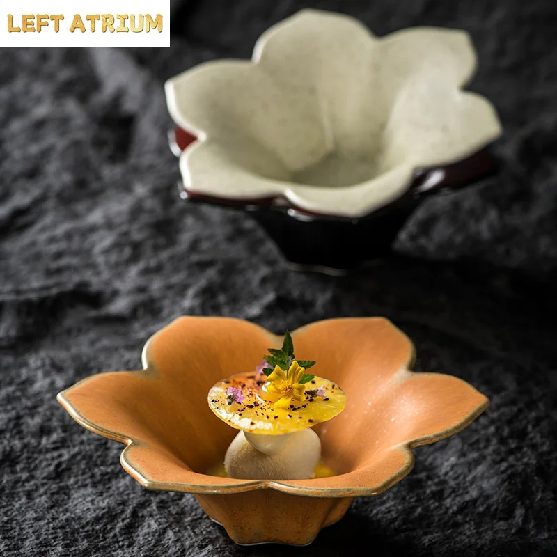 Ceramic High Foot Tea Tray Flower Shaped Dim Sum Dish Dessert Bowl Cake Pan Dining Plate Fruit Bowls Salad Bowl Snack Bowls view 2