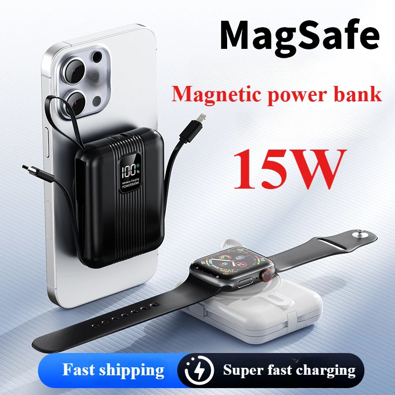 

New Mini Magnetic Wireless Power Bank with Cable 20000 MAh External Battery 15W Fast Charging Charger for IPhone Xiaomi Samsung