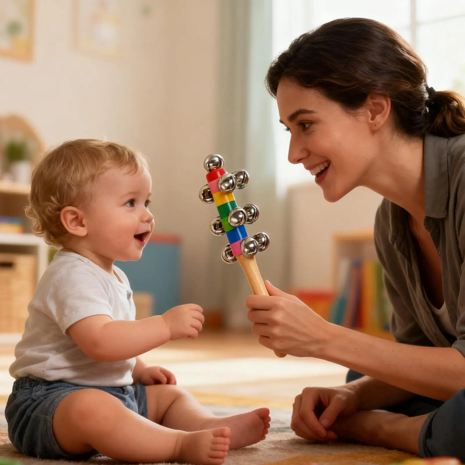 Cascabeles para niños, juguete Musical con mango de madera, campana de arcoíris de mano para niños y niñas de 2 años, juego de guardería, educación infantil