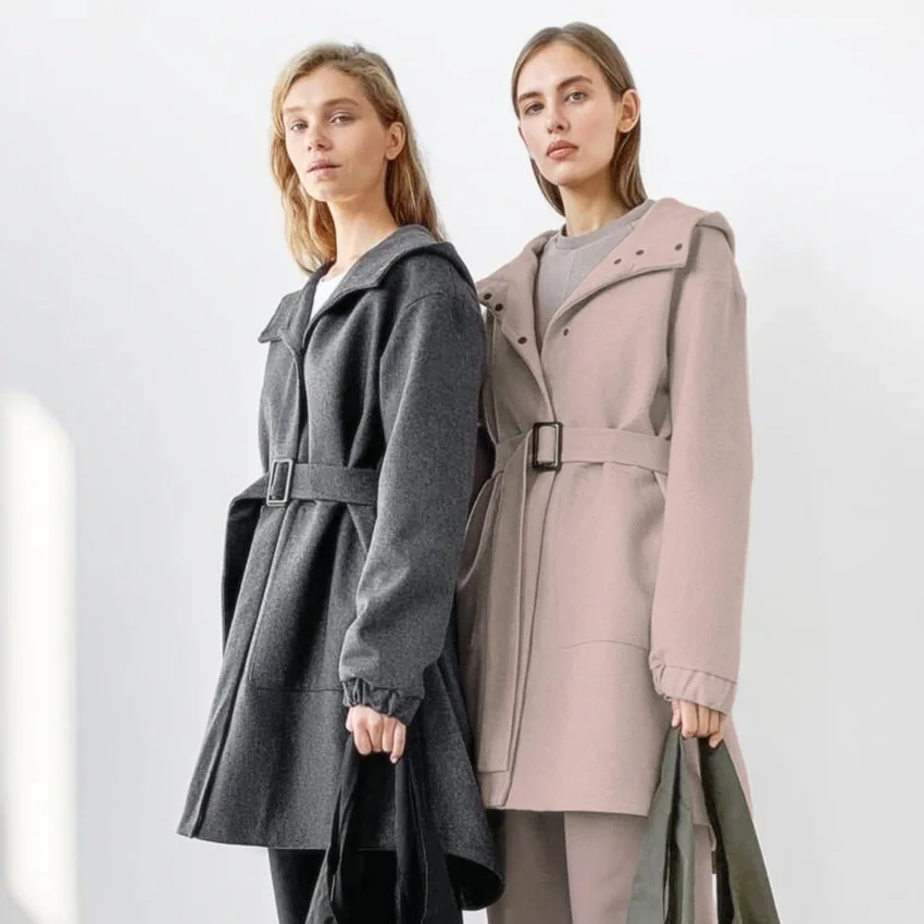 

2023 Winter New European Simple and Casual Versatile Solid Color Woolen Medium and Long Length Coat Waistband Commuter