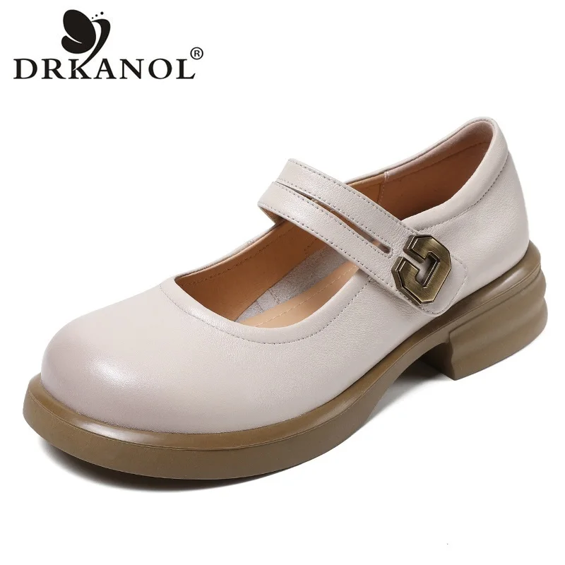 DRKANOL Fashion Women Mary Janes Shoes Round Toe Shallow Thick Heel Hook And Loop Loafers Genuine Cow Leather Med Heel Shoes