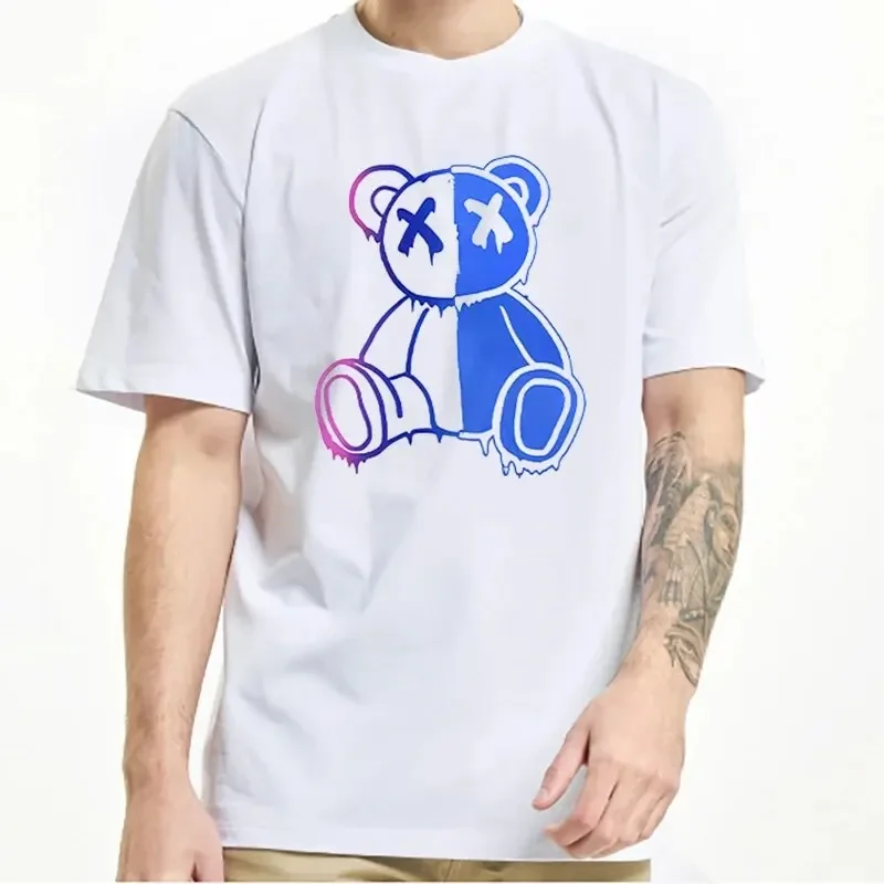 2024 Summer Fashion Cartoon Bear Print Mens Tshirt New Solid Colour O-Neck T-Shirt Street Hip-Hop Tops Classic Casual Tees