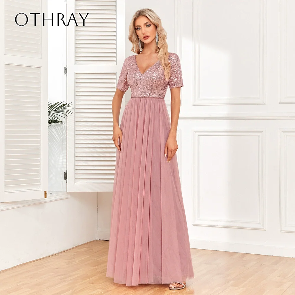 Robes de bal à paillettes et col en V, manches courtes, en Tulle, longueur au sol, personnalisées