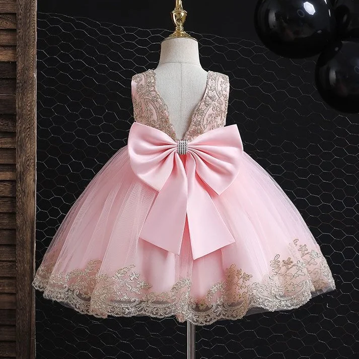 Girl\'s Dress 2024 New Girl\'s Embroidered Bow Princess Dress Fashion Open Back Mesh Dress Banquet Performance Evening Dress