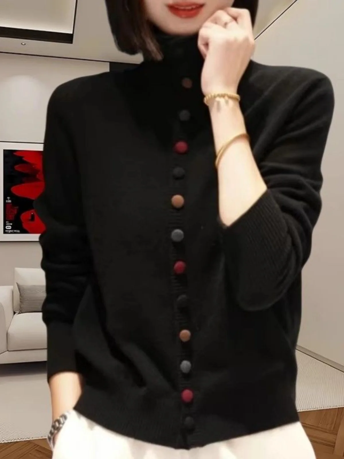 

Women's Knitted Long Sve Open Cardigan High Collar Color Button Design Sweater Jaet Versatile Sli Base irt